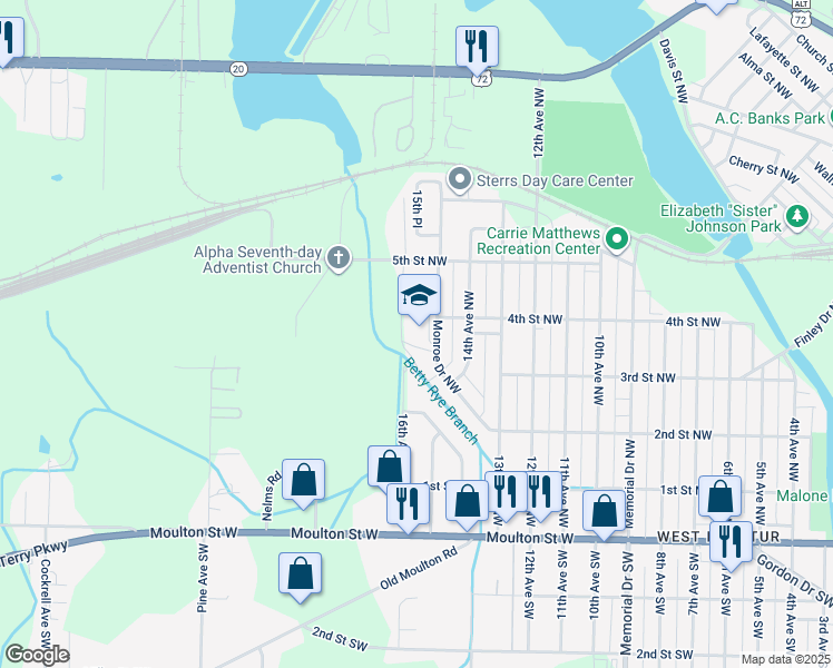 map of restaurants, bars, coffee shops, grocery stores, and more near 417 Monroe Drive Northwest in Decatur