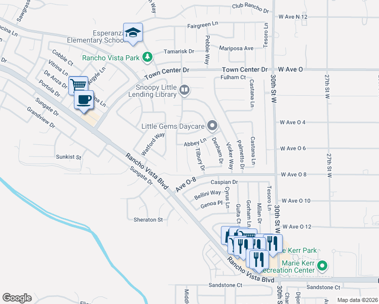 map of restaurants, bars, coffee shops, grocery stores, and more near 40056 Chalfont Court in Palmdale