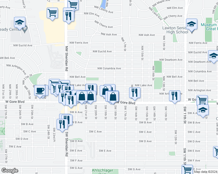 map of restaurants, bars, coffee shops, grocery stores, and more near 1810 Northwest Lake Avenue in Lawton