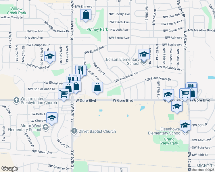 map of restaurants, bars, coffee shops, grocery stores, and more near 6501 Northwest Columbia Avenue in Lawton