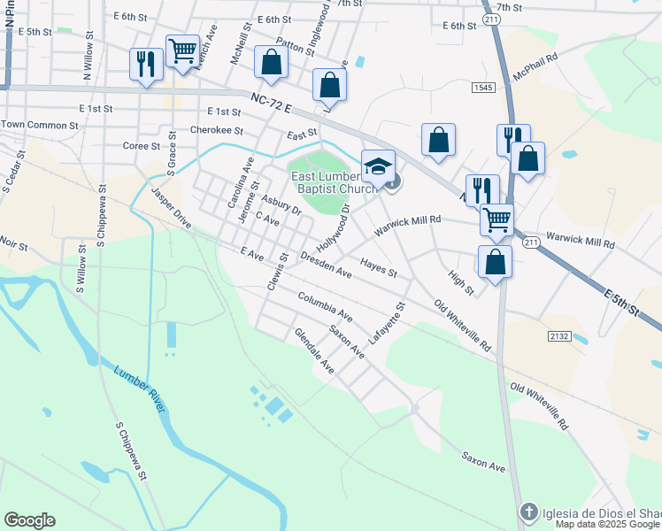 map of restaurants, bars, coffee shops, grocery stores, and more near Dresden Avenue in Lumberton
