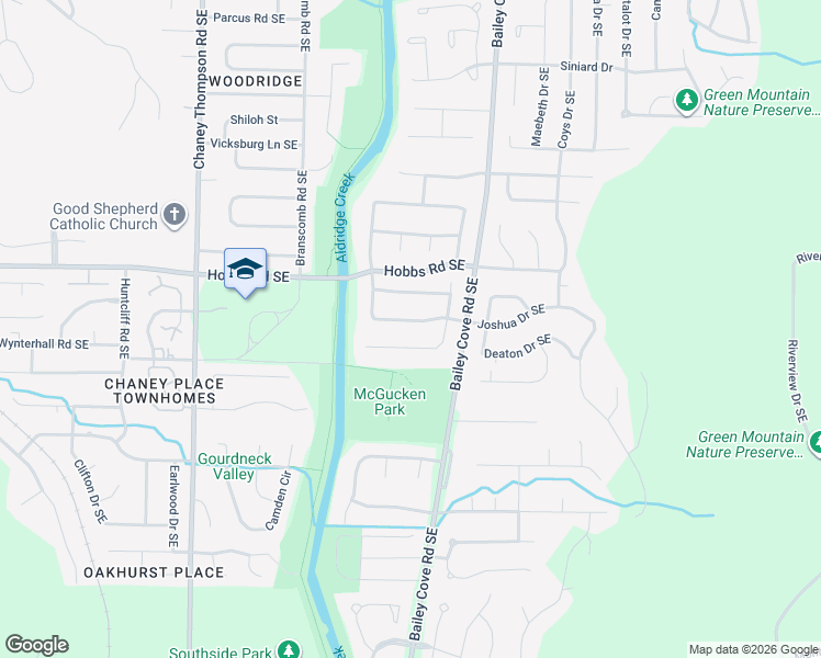 map of restaurants, bars, coffee shops, grocery stores, and more near 1114 Joshua Drive Southeast in Huntsville