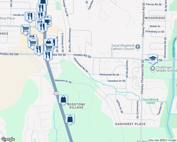 map of restaurants, bars, coffee shops, grocery stores, and more near 2850 Wynterhall Road Southeast in Huntsville