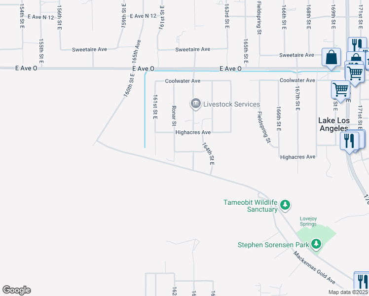 map of restaurants, bars, coffee shops, grocery stores, and more near 16175 Deeplake Avenue in Palmdale