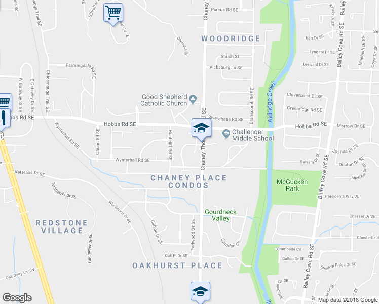 map of restaurants, bars, coffee shops, grocery stores, and more near 12100 Carriage Court Southeast in Huntsville