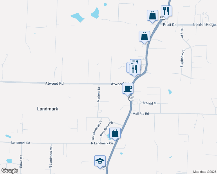 map of restaurants, bars, coffee shops, grocery stores, and more near 3709 Atwood Road in Little Rock