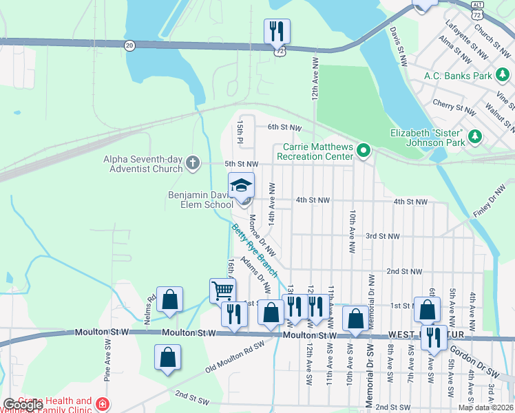 map of restaurants, bars, coffee shops, grocery stores, and more near 420 Monroe Drive Northwest in Decatur
