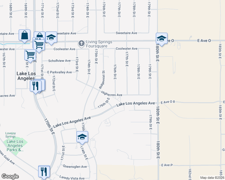 map of restaurants, bars, coffee shops, grocery stores, and more near 40117 176th Street East in Palmdale