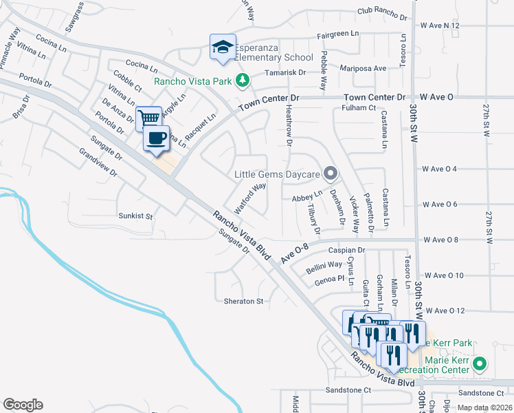 map of restaurants, bars, coffee shops, grocery stores, and more near 3539 Parkmeadow Court in Palmdale