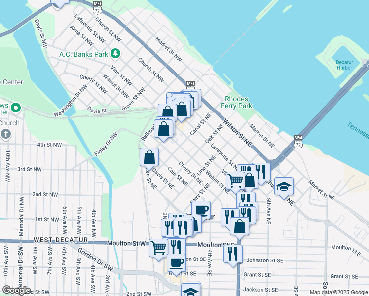 map of restaurants, bars, coffee shops, grocery stores, and more near 602 Canal St NE in Decatur