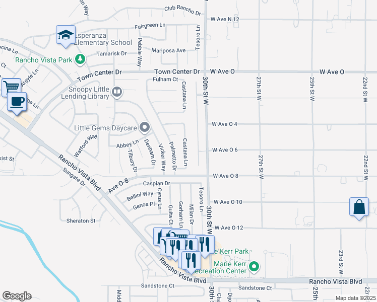 map of restaurants, bars, coffee shops, grocery stores, and more near 40074 Castana Lane in Palmdale