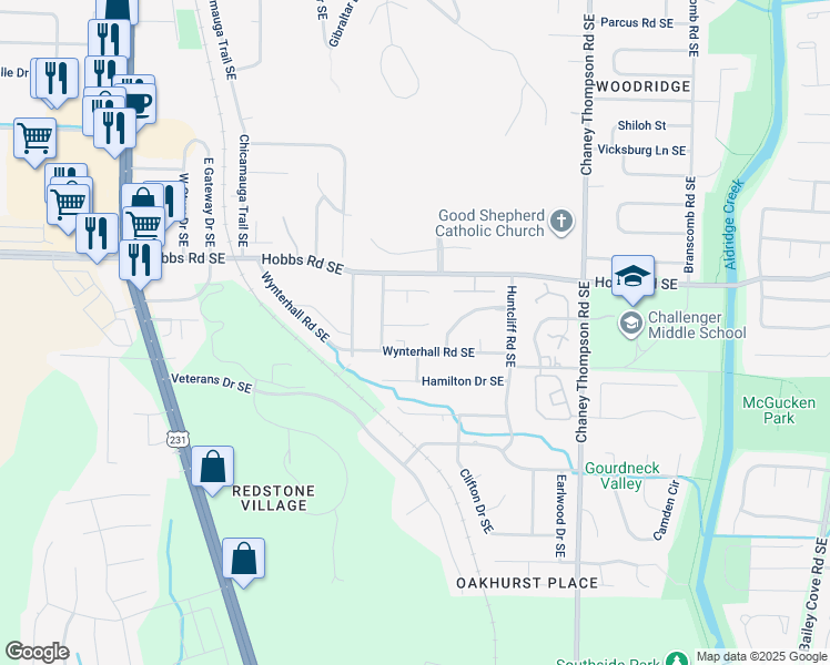 map of restaurants, bars, coffee shops, grocery stores, and more near 2508 Rileys Pass in Huntsville