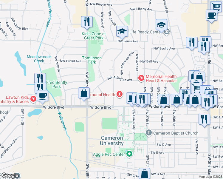 map of restaurants, bars, coffee shops, grocery stores, and more near 22 Northwest 35th Street in Lawton