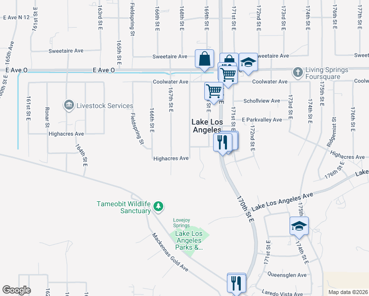 map of restaurants, bars, coffee shops, grocery stores, and more near 40123 168th Street East in Lake Los Angeles