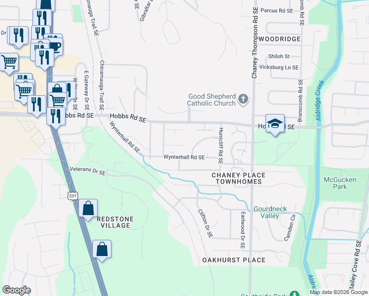 map of restaurants, bars, coffee shops, grocery stores, and more near 2508 Rileys Pass in Huntsville