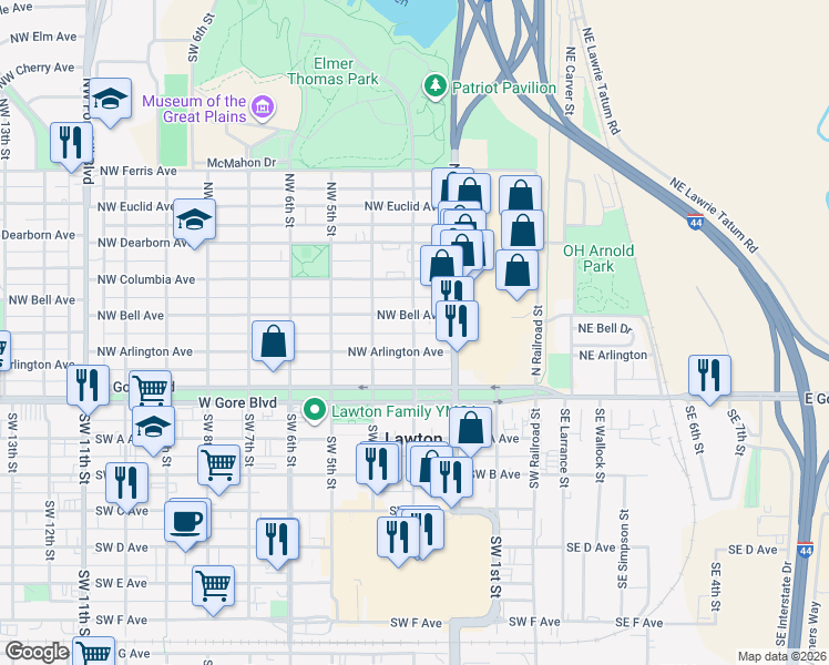 map of restaurants, bars, coffee shops, grocery stores, and more near 306 Northwest Bell Avenue in Lawton