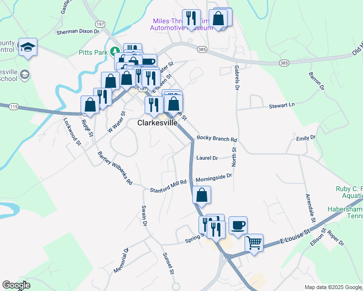 map of restaurants, bars, coffee shops, grocery stores, and more near 163 Llewellyn St in Clarkesville