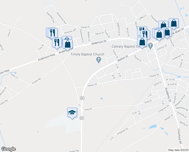 map of restaurants, bars, coffee shops, grocery stores, and more near 401 Belton Drive in Williamston