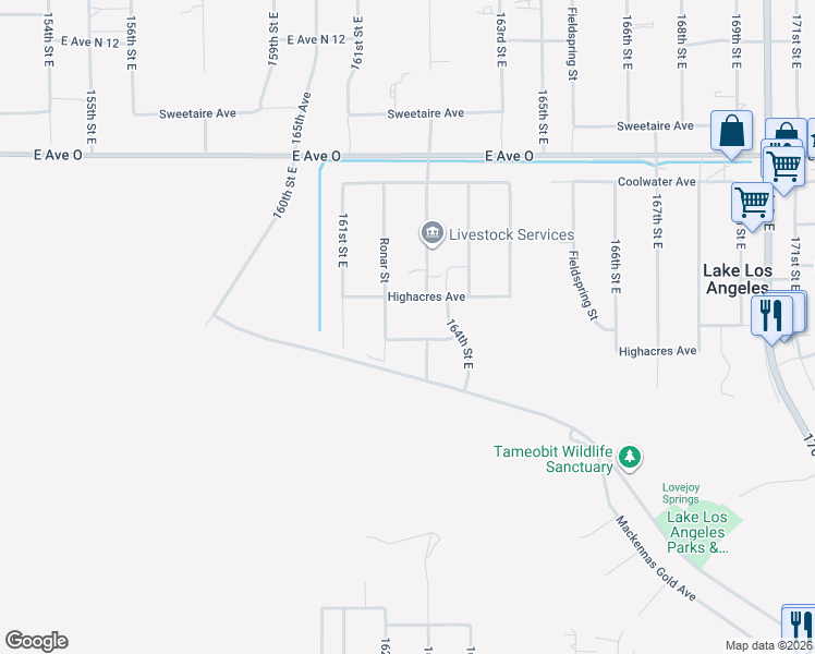 map of restaurants, bars, coffee shops, grocery stores, and more near 16175 Deeplake Avenue in Palmdale