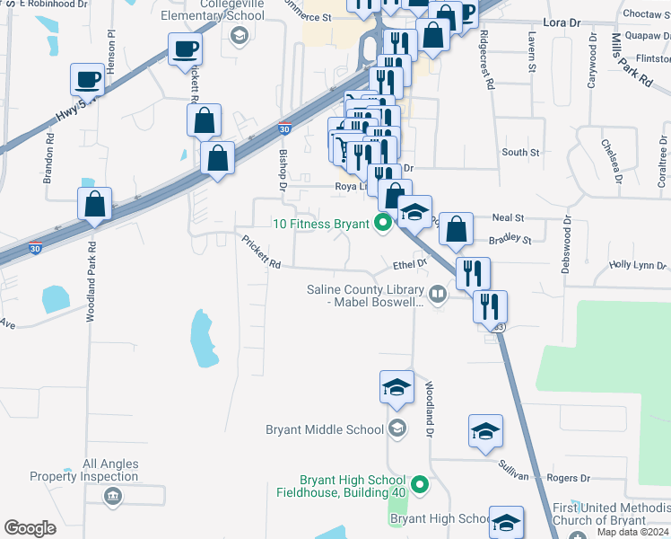 map of restaurants, bars, coffee shops, grocery stores, and more near 731 Prickett Road in Bryant