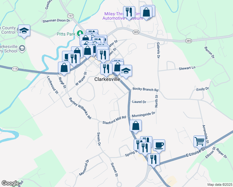 map of restaurants, bars, coffee shops, grocery stores, and more near 163 Llewellyn Street in Clarkesville
