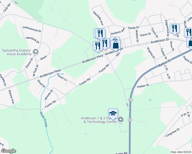 map of restaurants, bars, coffee shops, grocery stores, and more near 111 Foster Road in Williamston
