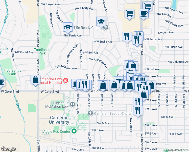 map of restaurants, bars, coffee shops, grocery stores, and more near 24 Northwest 28th Street in Lawton