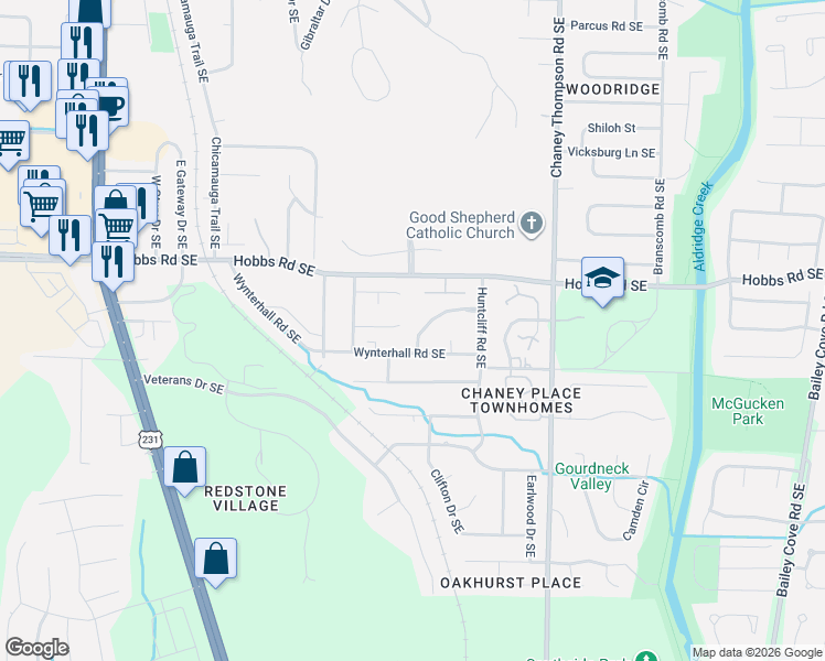 map of restaurants, bars, coffee shops, grocery stores, and more near 2515 Weatherstone Road Southeast in Huntsville