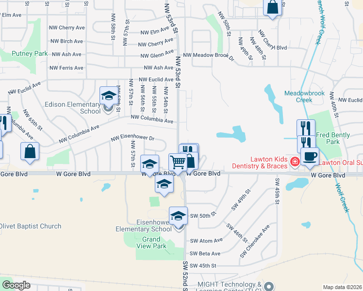 map of restaurants, bars, coffee shops, grocery stores, and more near 21 Northwest 53rd Street in Lawton