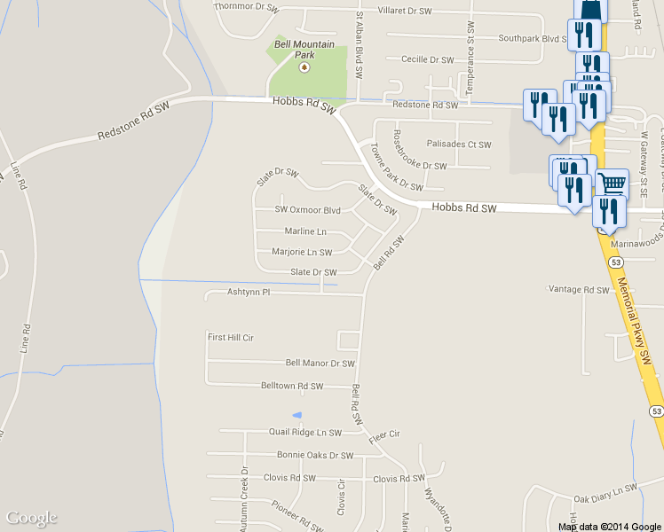 map of restaurants, bars, coffee shops, grocery stores, and more near 2512 Slate Drive Southwest in Huntsville