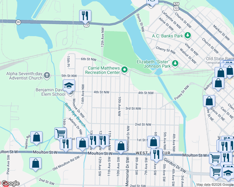 map of restaurants, bars, coffee shops, grocery stores, and more near 423 10th Avenue Northwest in Decatur