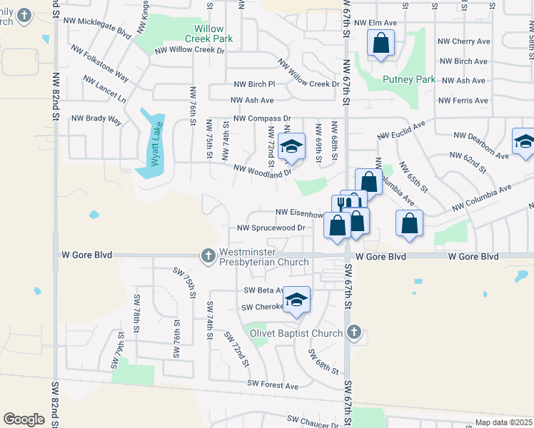 map of restaurants, bars, coffee shops, grocery stores, and more near 7204 Northwest Eisenhower Drive in Lawton