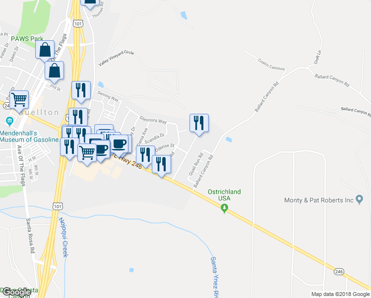 map of restaurants, bars, coffee shops, grocery stores, and more near 507 Thumbelina Drive in Buellton