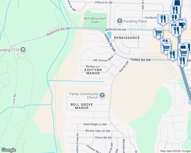 map of restaurants, bars, coffee shops, grocery stores, and more near 2604 Slate Drive Southwest in Huntsville