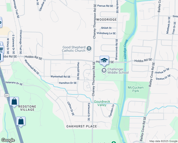 map of restaurants, bars, coffee shops, grocery stores, and more near 12100 Carriage Court Southeast in Huntsville