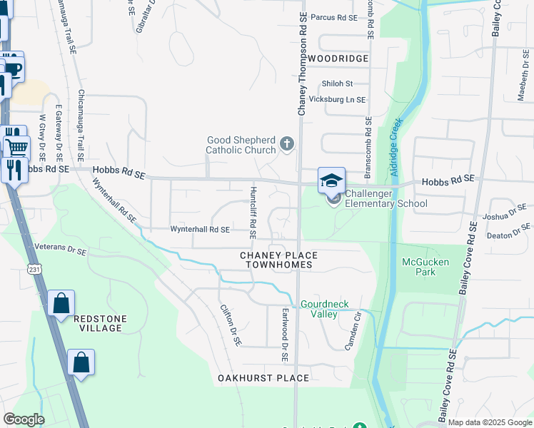 map of restaurants, bars, coffee shops, grocery stores, and more near 2704 Lantern Walk Southeast in Huntsville