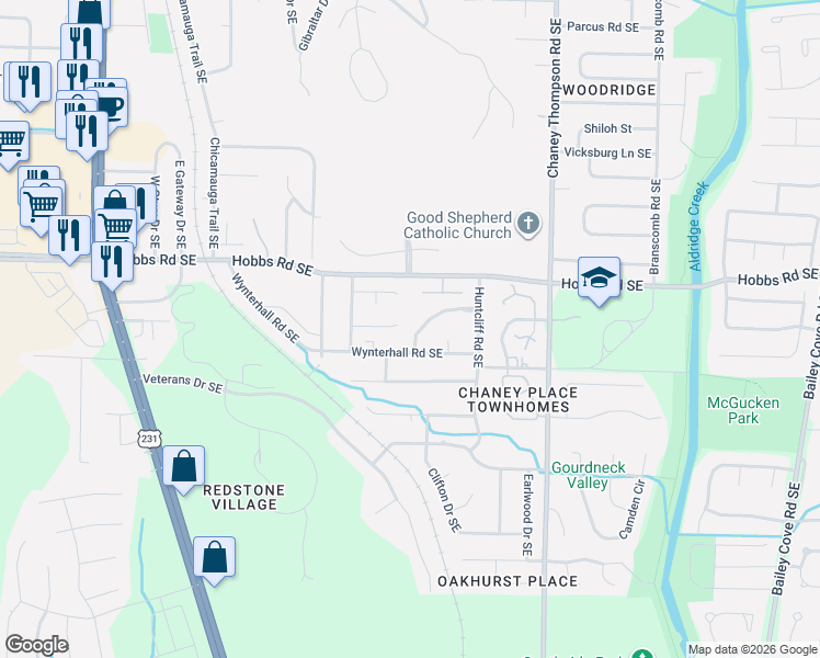 map of restaurants, bars, coffee shops, grocery stores, and more near 2515 Weatherstone Road Southeast in Huntsville
