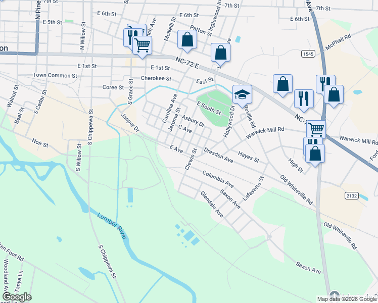 map of restaurants, bars, coffee shops, grocery stores, and more near 158 Canterbury Circle in Lumberton