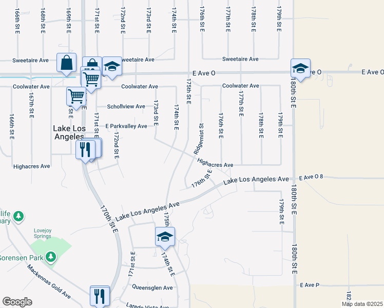 map of restaurants, bars, coffee shops, grocery stores, and more near 17521 Highacres Avenue in Palmdale
