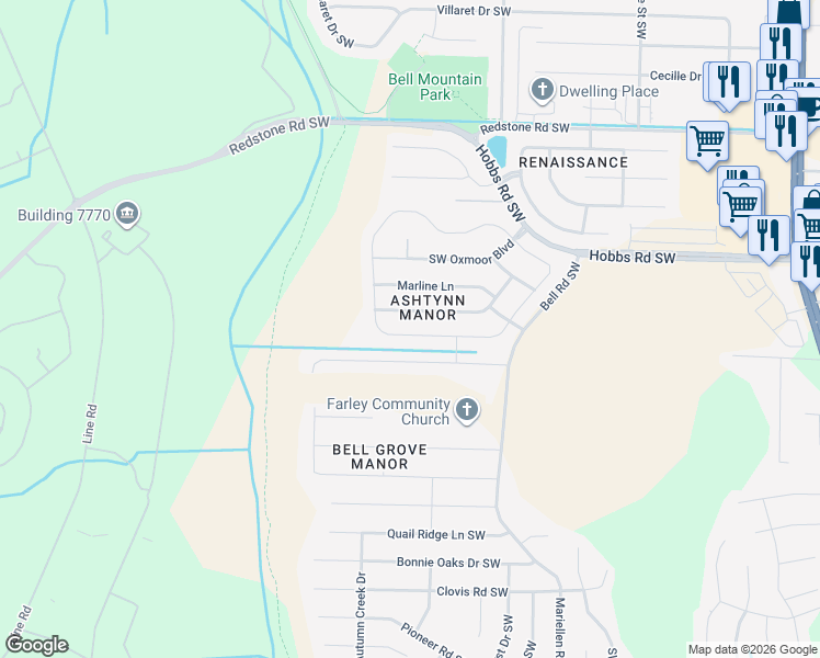 map of restaurants, bars, coffee shops, grocery stores, and more near 2622 Slate Drive Southwest in Huntsville