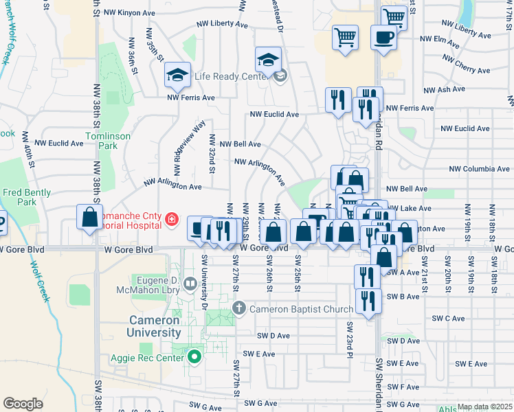 map of restaurants, bars, coffee shops, grocery stores, and more near 24 NW 28th St in Lawton