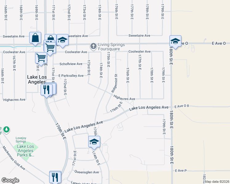 map of restaurants, bars, coffee shops, grocery stores, and more near in Lake Los Angeles