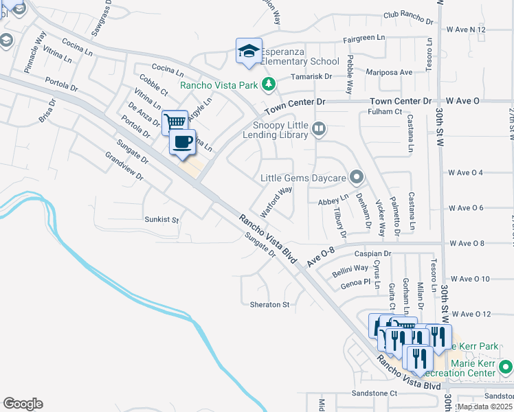 map of restaurants, bars, coffee shops, grocery stores, and more near 40062 Chelsea Court in Palmdale