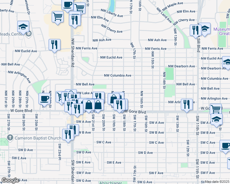 map of restaurants, bars, coffee shops, grocery stores, and more near 1813 Northwest Lake Avenue in Lawton