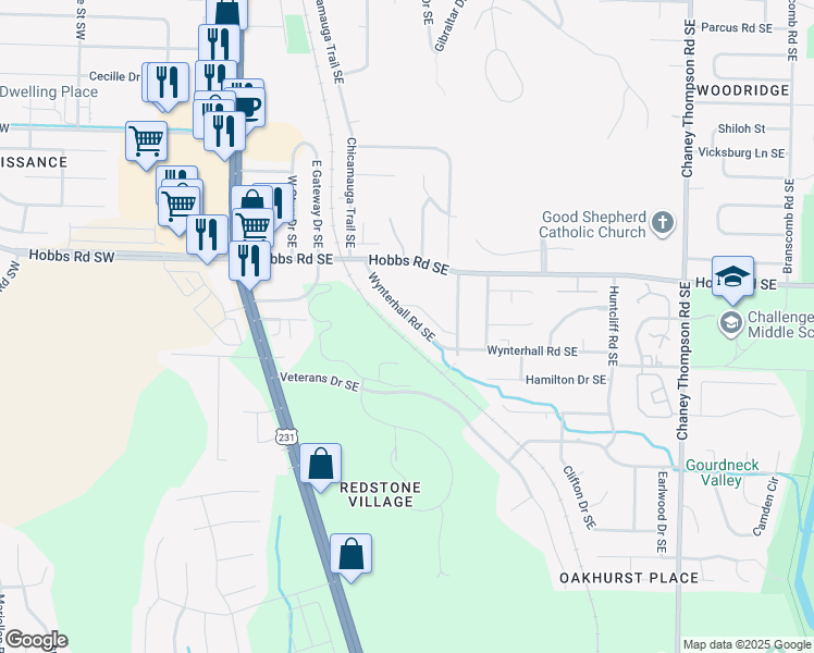 map of restaurants, bars, coffee shops, grocery stores, and more near 2743 Wynterhall Road Southeast in Huntsville