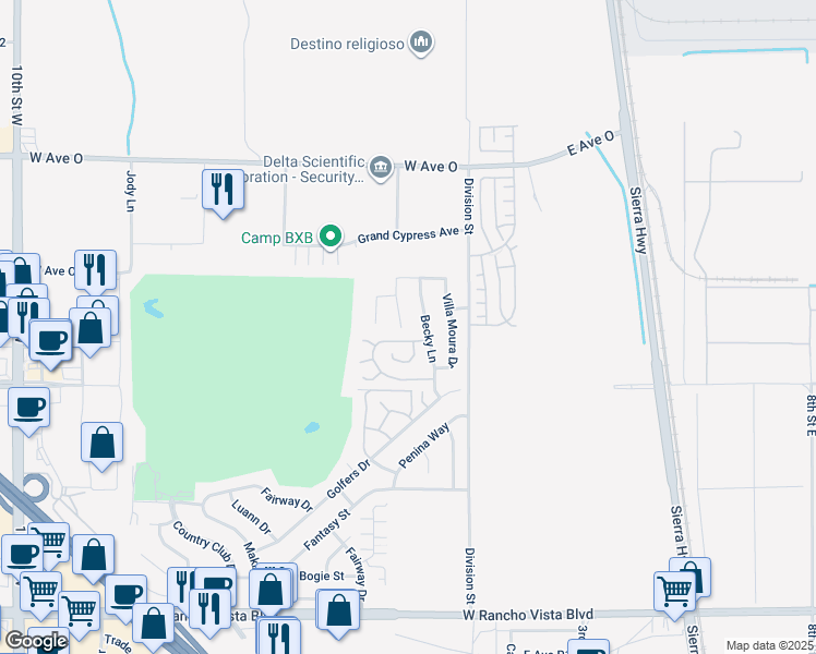 map of restaurants, bars, coffee shops, grocery stores, and more near 40106 Pevero Court in Palmdale