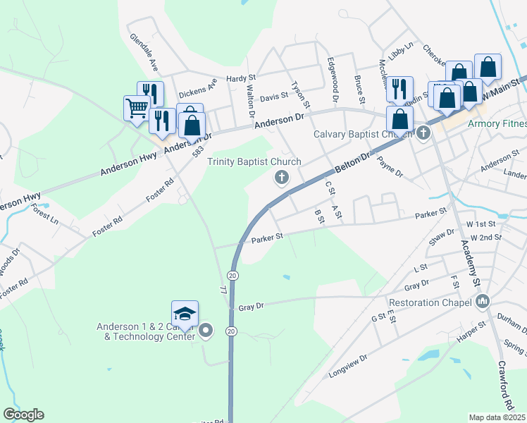 map of restaurants, bars, coffee shops, grocery stores, and more near 416 Belton Drive in Williamston
