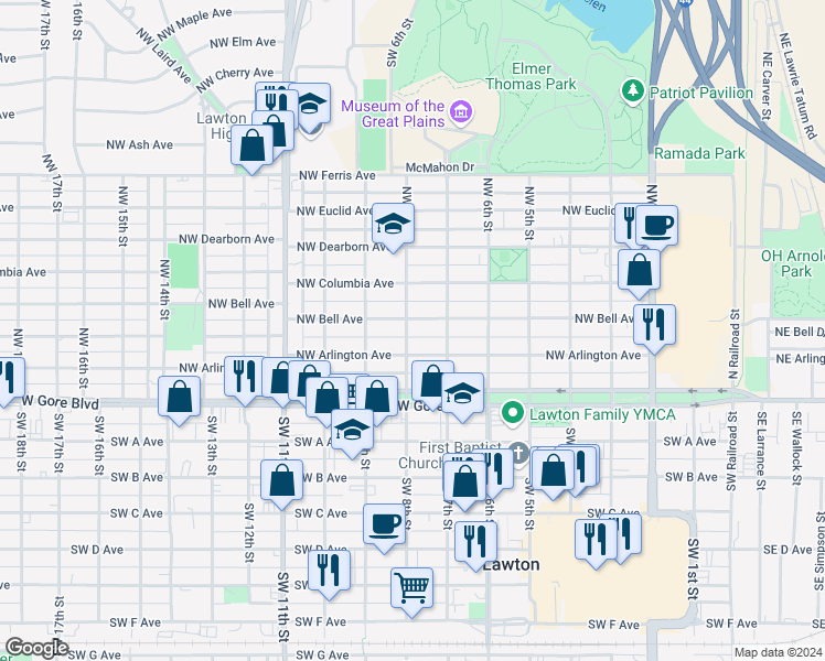 map of restaurants, bars, coffee shops, grocery stores, and more near 716 Northwest Bell Avenue in Lawton