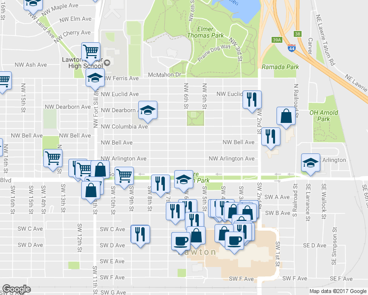 map of restaurants, bars, coffee shops, grocery stores, and more near 602 Northwest Bell Avenue in Lawton