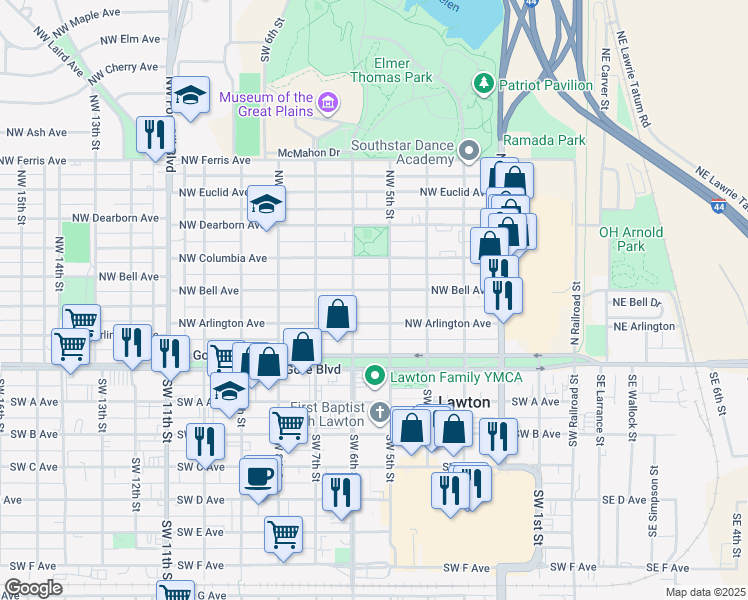 map of restaurants, bars, coffee shops, grocery stores, and more near 508 Northwest Bell Avenue in Lawton